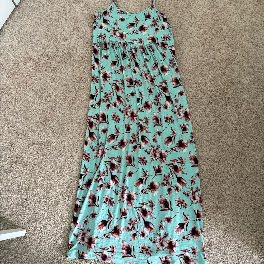 Pinkblush | Mint Floral Print Babydoll Waist Sleeveless Maxi Dress